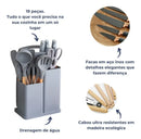 Kit Cozinha Premium 19 Peças™ | Utensílios em Silicone com Facas, Tábua e Suporte Organizador